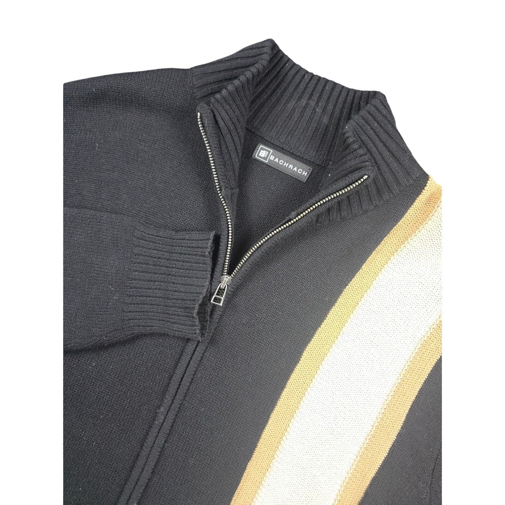 Bachrach Mens Full Zip Sweater Black Wool Cotton Blend Racing Stripe Mock Neck L